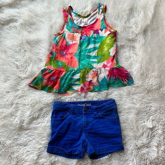 Cherokee Blue Jean Shorts & Floral Ruffled Tank Top Bundle Set Boho Tropical 7/8 - Picture 4 of 7